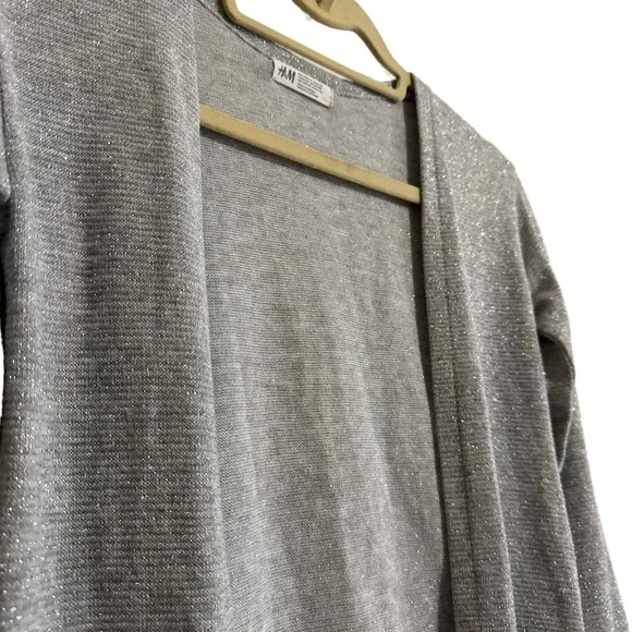 H&M Cardigan Youth Girls medium 8-10Y Grey Glitter Open Front Layering Pockets - Picture 3 of 7